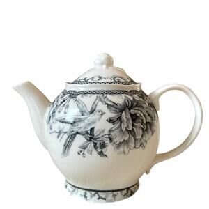 222 Fifth Adelaide Grey & White Porcelain Teapot w/Lid Bird Floral Toile New